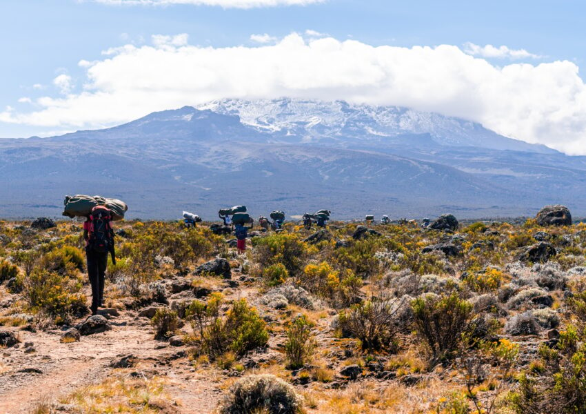 Hikers climbing Mount Kilimanjaro in Tanzania